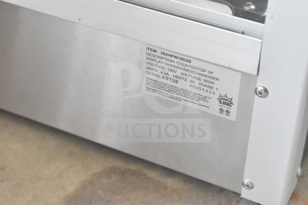 Brand new Carnival King 382HPW18D2S 18" warmer/merchandiser, 120V, 1 phase, minor scratches, serial #0126, label details shown.