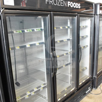 2017 True GDM-72F-HC 3 Door Reach-In Freezer Merchandiser, tested and working, glass doors, labeled "Frozen Foods".