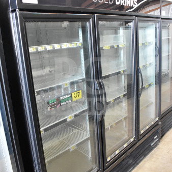 2017 True GDM-72-HC 3 Door Reach-In Cooler Merchandiser, 115V, tested, working, commercial use, black frame, glass doors.