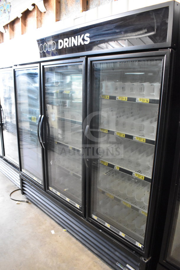 2017 True GDM-72-HC 3-door reach-in cooler merchandiser, "Cold Drinks" label, tested and working, 115V, 1 Phase.