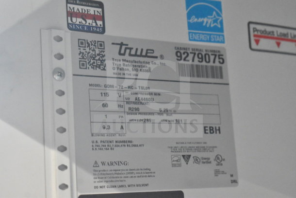 Label of 2017 True GDM-72-HC Commercial 3 Door Cooler. Features 115 Volts, 1 Phase, Energy Star, made in USA. Serial 9279075.