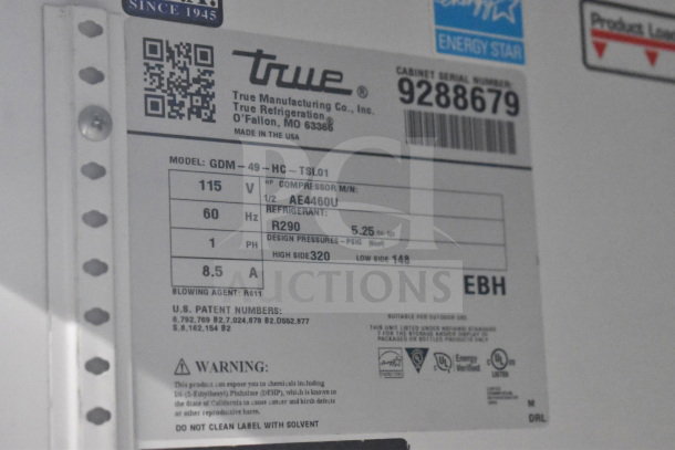 Label on 2017 True GDM-49-HC Cooler, 115V, 1 Phase, R290 refrigerant, Energy Star certified. Serial number 9288679.