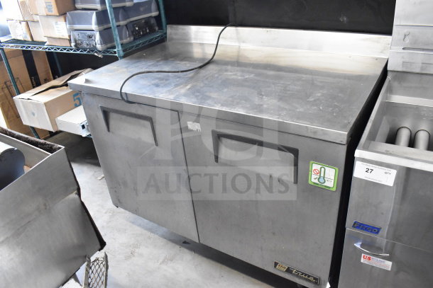 True TWT-48 Commercial 2 Door Work Top Cooler, stainless steel, 115 volts, 1 phase, moderate wear, brand logo visible.