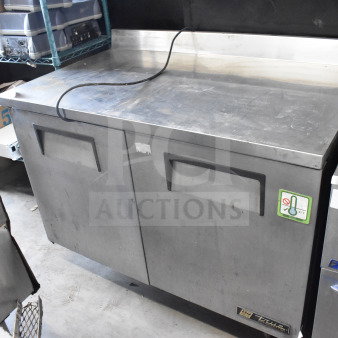True TWT-48 Commercial 2 Door Work Top Cooler, stainless steel, 115 volts, 1 phase, moderate wear, brand logo visible.