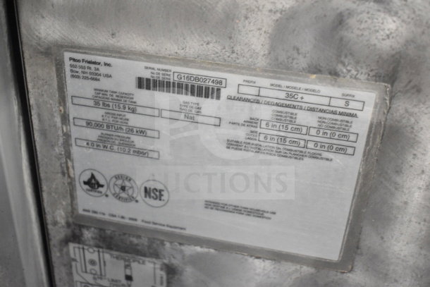 2016 Pitco Frialator 35C natural gas fryer, 90,000 BTU, commercial-grade, with label detailing model, serial number, and specs.