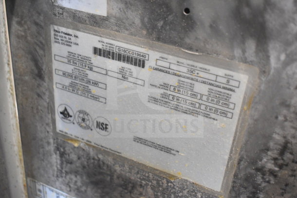2016 Pitco Frialator 35C gas fryer label, 90,000 BTU, natural gas. Shows model, serial number, and safety certifications.