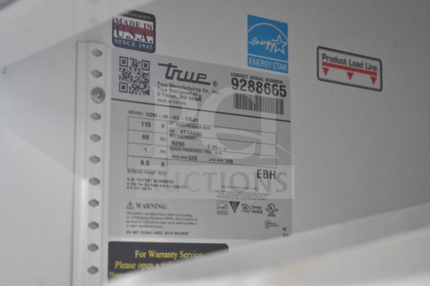 2017 True GDM-49-HC 3 Door Cooler Merchandiser, 115V, 1 Phase, tested and working, Energy Star-rated, label details shown.