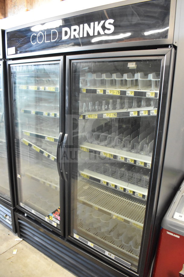 2017 True GDM-49-HC 3-door cooler merchandiser, commercial-grade, 115 volts, 1 phase, tested and working, with "COLD DRINKS" display.