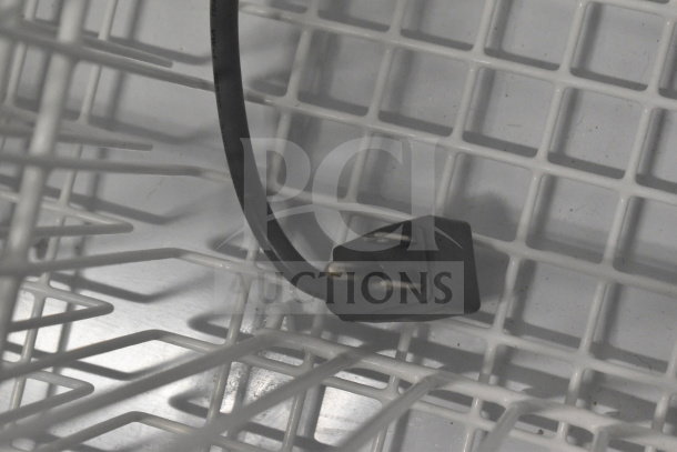AHT RIO S 100 commercial chest freezer plug detail, 115 volts, 1 phase, resting on metal grate interior.