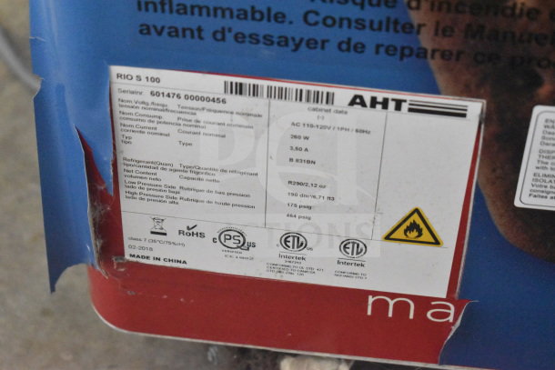 AHT RIO S 100 Commercial Chest Freezer, 115 Volts, label shows model details and safety certifications.