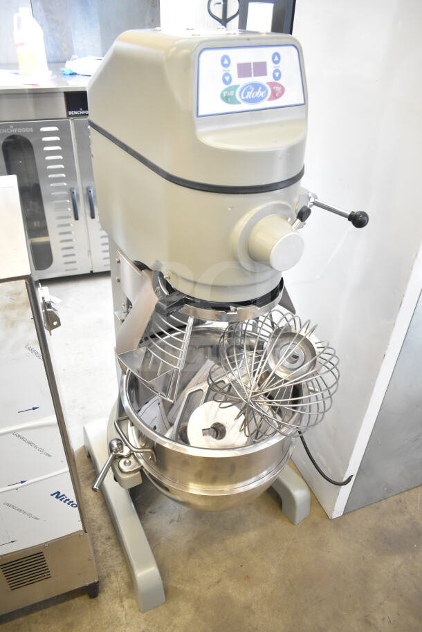Globe SP30 30-quart planetary dough mixer with bowl, guard, hook, paddle, whisk attachments, 115V, 1-phase, floor style.