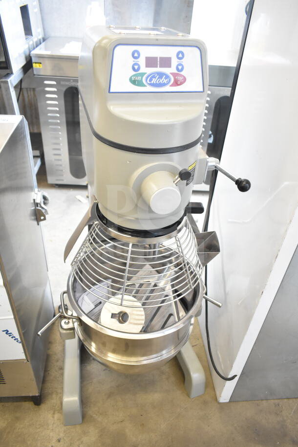 2025 Globe SP30 commercial dough mixer with 30 qt bowl, bowl guard, dough hook, paddle, and whisk attachments. 115V, 1 phase.