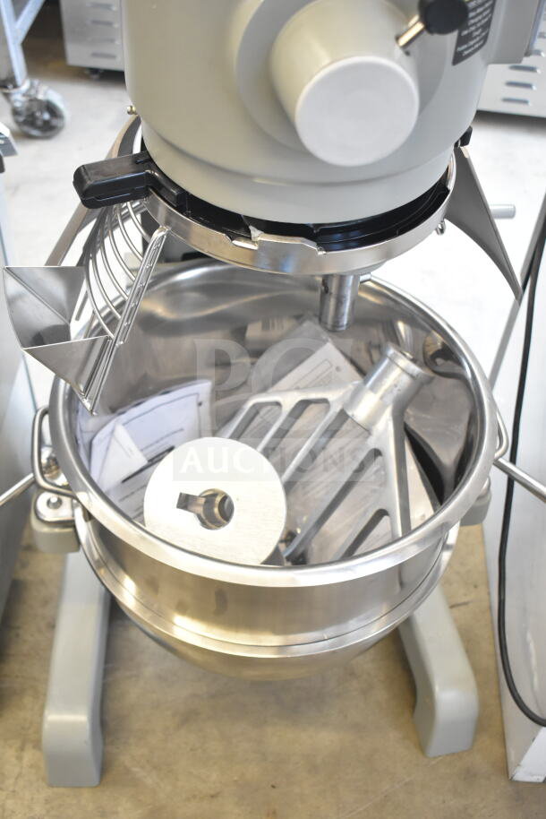 2025 Globe SP30 30 Quart Planetary Dough Mixer, includes mixing bowl, bowl guard, dough hook, paddle, whisk attachments.