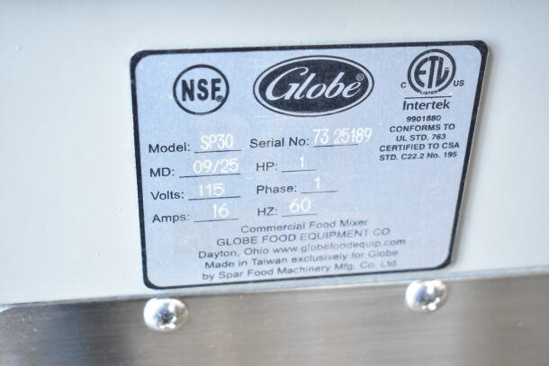 Label of Globe SP30 commercial mixer showing model, serial number, voltage, phase, and certification details.