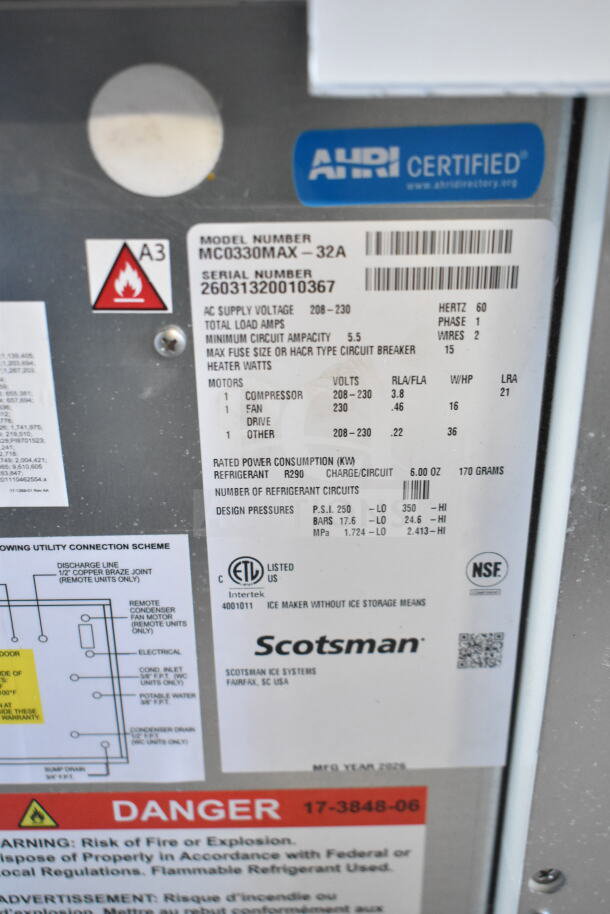 Brand new Scotsman MC0330MAX-32A Prodigy Elite® 30" ice machine, air-cooled, 365 lb. capacity, tags indicate specs and safety warnings.