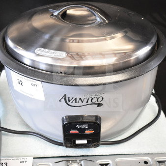 Avantco 177RCB60 electric rice cooker, 60-cup capacity, removable lid, 120V, excellent condition, label with model details visible.