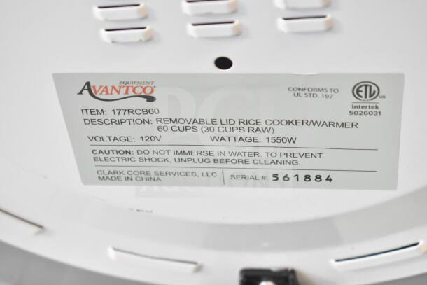 Avantco 177RCB60 Electric Rice Cooker, 60 cups, 120V, 1550W, removable lid, serial #561884, made in China.