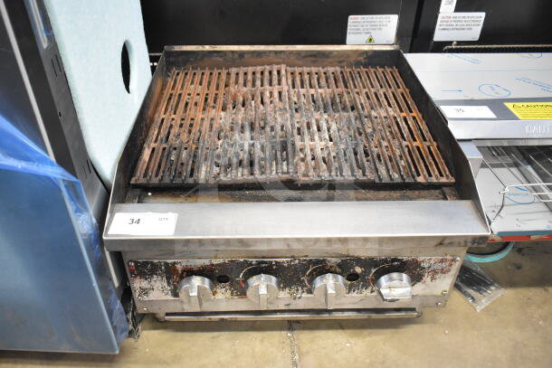Vollrath Commercial Countertop Gas Charbroiler Grill, rusted grates, stainless steel knobs, visible wear, auction tag QTY 34.
