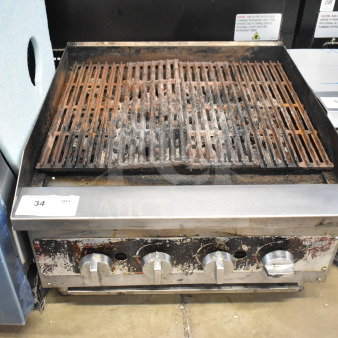 Vollrath Commercial Countertop Gas Charbroiler Grill, rusted grates, stainless steel knobs, visible wear, auction tag QTY 34.