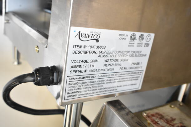 Avantco Model 184T3600B conveyor toaster with 14.5" width and 3" opening. New, scratch and dent condition. 208V, 1200 slices/hr.