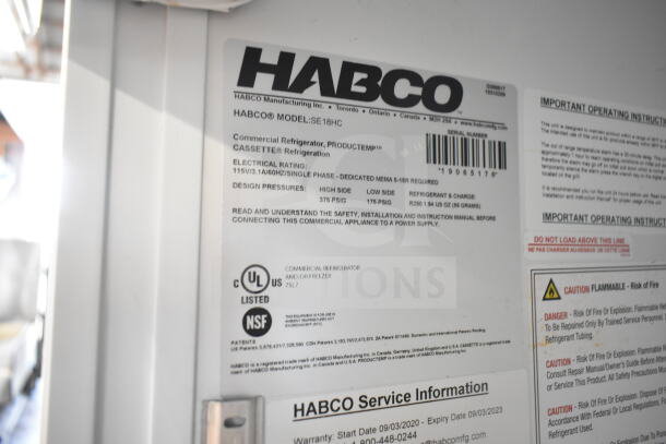Habco SE18HC Commercial Cooler Merchandiser label detailing model, electrical rating of 115 volts, 1 phase, UL and NSF listed.