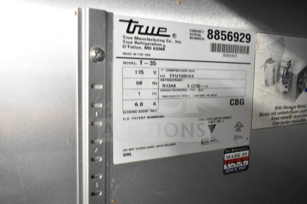 2016 True T-35 Commercial 2 Door Cooler, model T-35, 115V, 1 Phase, with serial label and “Made in USA” marking.