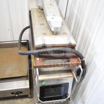 Garland CXPB12 commercial electric flat top grill with clamshell, 208-240V, 3-phase. Visible wear, model label intact.