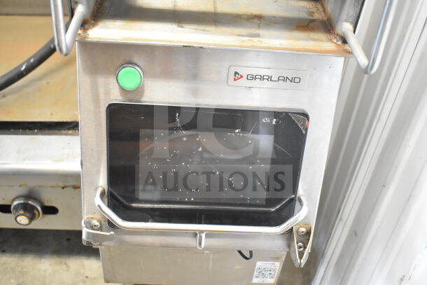 Garland CXPB12 electric flat top grill with clamshell, 208-240V, 3-phase, visible brand plate, green button, used condition.