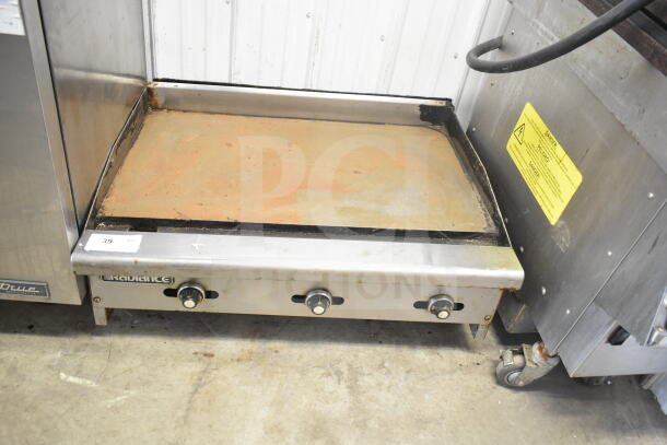 Radiance Commercial Countertop Flat Top Griddle with three control knobs. Used condition with visible surface wear.