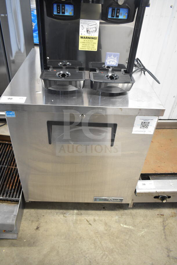 2023 True TUC-27-HC undercounter cooler on casters, stainless steel, commercial single door, 115V, 1 phase, visible brand label.