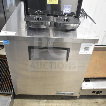 2023 True TUC-27-HC undercounter cooler on casters, stainless steel, commercial single door, 115V, 1 phase, visible brand label.