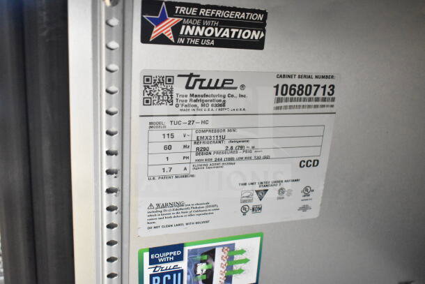 2023 True TUC-27-HC undercounter cooler label, shows model, compressor info, and certifications. 115V, 1 phase, on casters.