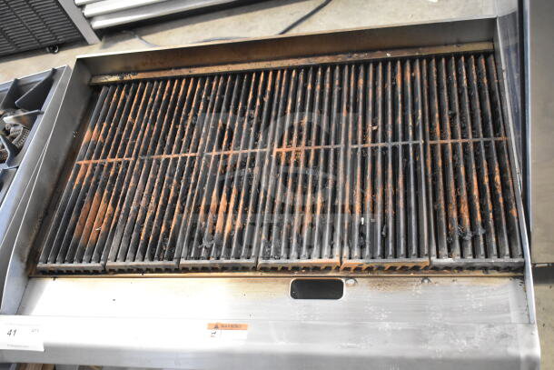 Cooking Performance Group CR-CPG-36-NL 36" natural gas charbroiler in used condition, 120,000 BTU, with visible wear.
