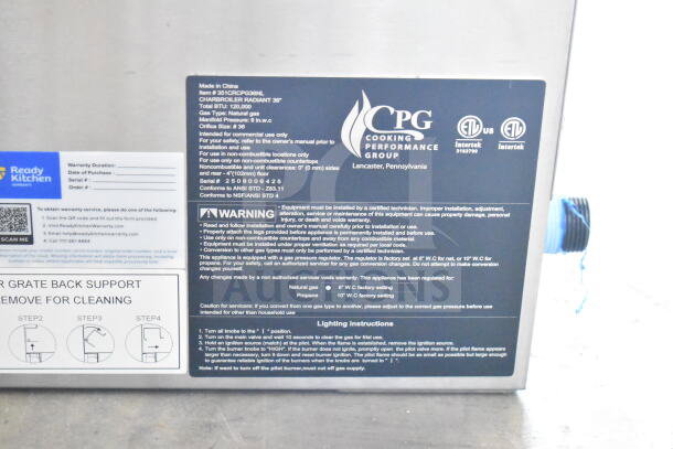 2025 Cooking Performance Group 36" natural gas charbroiler, model 351CRCPG36NL, 120,000 BTU, new condition, label visible.