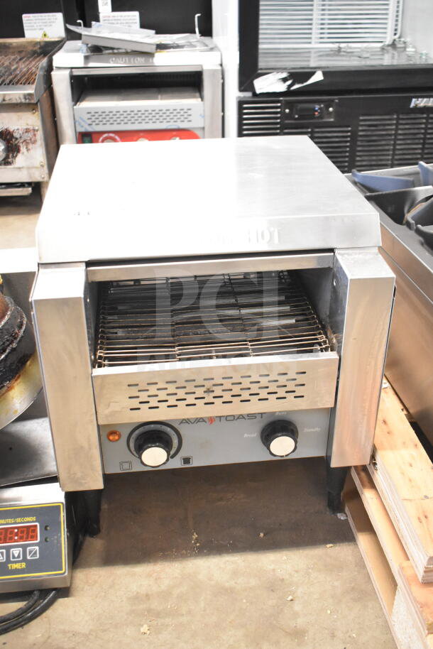 AvaToast T140 Commercial Conveyor Toaster Oven, stainless steel, visible dials, used, 120V, 1 Phase, countertop model.