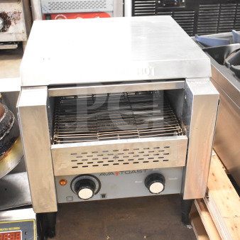 AvaToast T140 Commercial Conveyor Toaster Oven, stainless steel, visible dials, used, 120V, 1 Phase, countertop model.