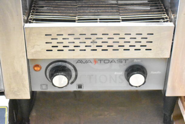AvaToast T140 Commercial Conveyor Toaster, countertop model, stainless steel, knobs visible, 120V, 1 phase, used.