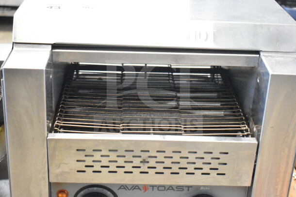 AvaToast T140 commercial countertop conveyor toaster oven, stainless steel, 120 volts, 1 phase, front view showing controls.