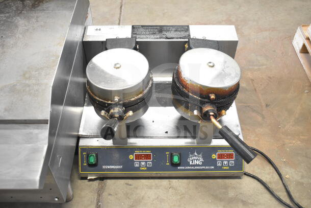 2021 Carnival King waffle maker, model 382WBM26DGT, with dual non-stick plates, digital timer, and temperature controls.