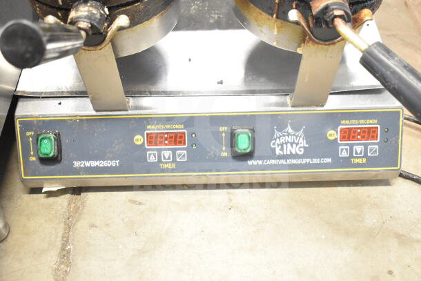 Carnival King 382WBM26DGT waffle maker, digital timer, temperature controls, visible wear, 120V, 1 Phase, non-stick plates.