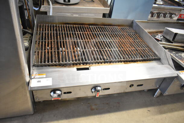 2025 Vesta C36CB-SR charbroiler grill, natural gas, 105,000 BTU, stainless steel, used condition with visible rust.