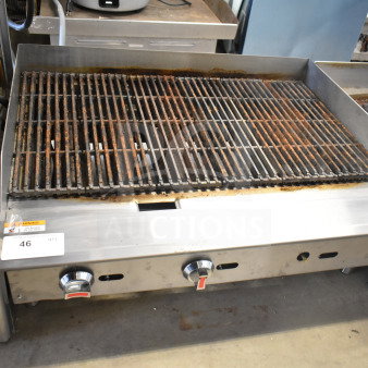 2025 Vesta C36CB-SR charbroiler grill, natural gas, 105,000 BTU, stainless steel, used condition with visible rust.
