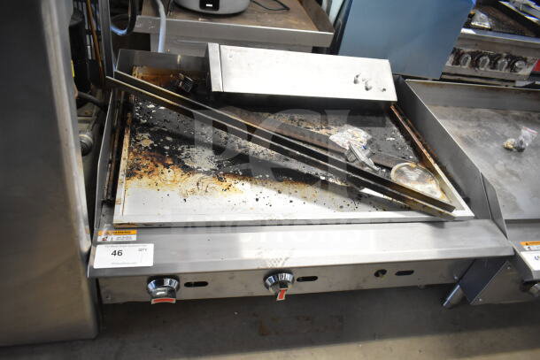2025 Vesta C36CB-SR Charbroiler Grill, 105,000 BTU, natural gas, countertop model, visible wear and residue, control knobs intact.