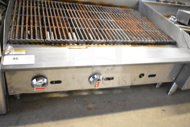 2025 Vesta C36CB-SR commercial countertop natural gas charbroiler grill, 105,000 BTU, visible rust on grates, control knobs present.