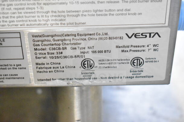 Vesta C36CB-SR charbroiler label with 105,000 BTU input, natural gas type, ETL certification, and manufacturing details.