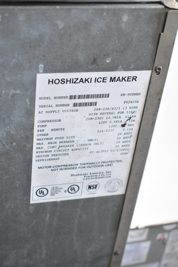 Hoshizaki KM-900MRH Commercial Ice Machine Head, 208-230V, 1 Phase, label reveals specifications and safety certifications.