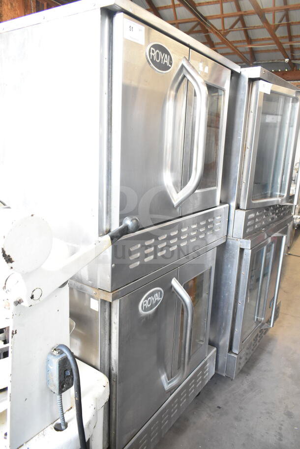 Royal commercial full-size convection ovens, natural gas powered, view-through and solid doors, stainless steel.