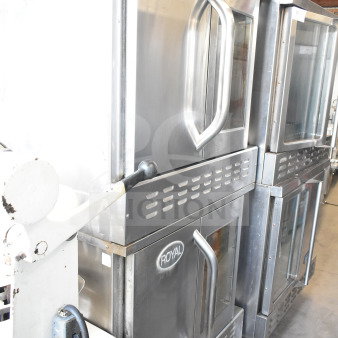 Royal commercial full-size convection ovens, natural gas powered, view-through and solid doors, stainless steel.