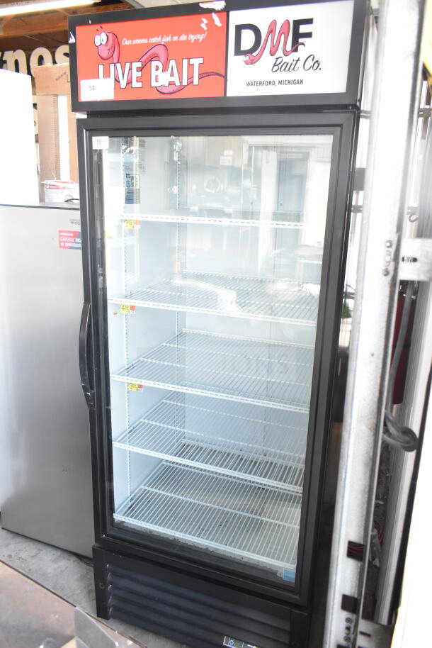 2020 True GDM-26-HC commercial cooler, single glass door, shelves intact, 115V, 1 phase. DMF Bait Co. branding on top.