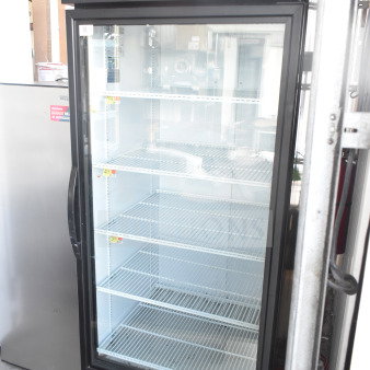 2020 True GDM-26-HC commercial cooler, single glass door, shelves intact, 115V, 1 phase. DMF Bait Co. branding on top.